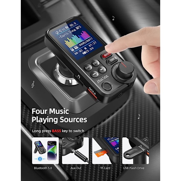 Bluetooth FM-sender, Bluetooth-bilradioadapter med kraftig mikrofon med 1,8\" fargeskjerm, støtte for QC3.0 musikkspiller, diskant og bass -