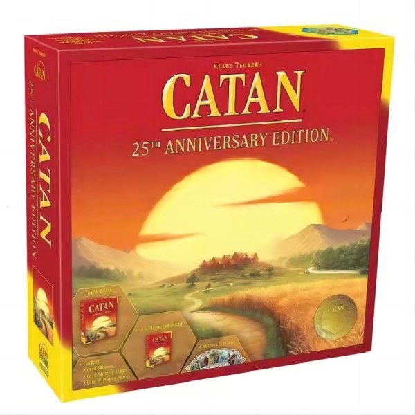 Catan (grundspil) eventyrbrætspil for voksne og familier i alderen 10+ Velegnet til 3 til 4 spillere Gennemsnitlig spilletid 60 minutter (25th Anniversary Ed