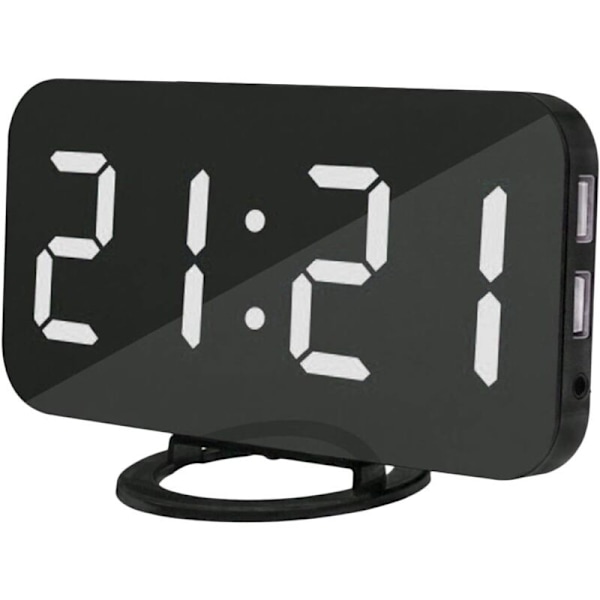 Digital väckarklocka, Spegelyta klocka 6.2in LED-display med två USB-portar, automatiskt dimmerläge, skrivbords väggklocka med snooze-funktion