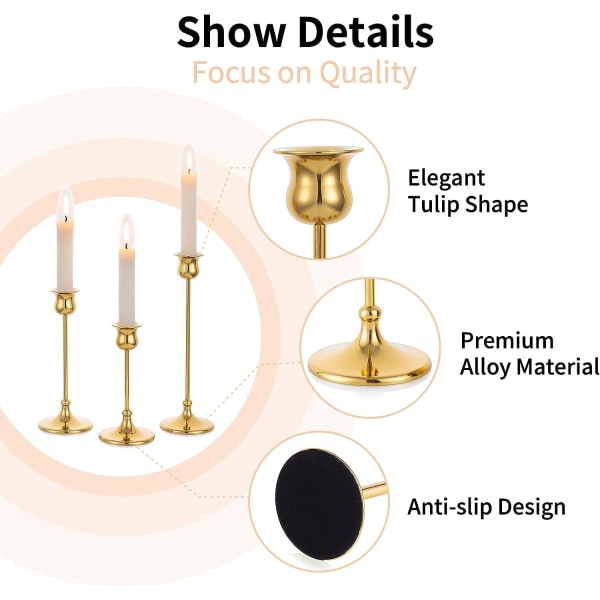 Gull Candelabra Konisk Candelabra Sett med 3 Bordplasser for Bryllupsfest Jul Halloween Påske Hjem Mantel Dekorasjon