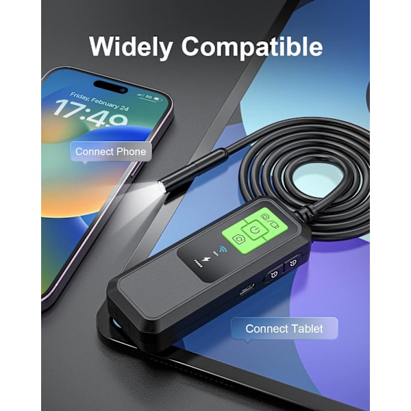 Endoskooppitarkastuskamera - USB-boreskooppi Premium 8mm IP67 vedenpitävä WiFi-endoskooppikamera 8 LEDillä, 2.0MP HD puolijäykkä käärmekaapelikamera
