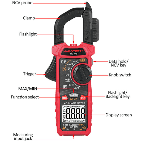 HT207B Multimeter med digitale tænger 4.000 punkter Spænding CC CC voltmeter Diode modstand amptermmetrisk klemme Digital Multifunktionel digital høj p