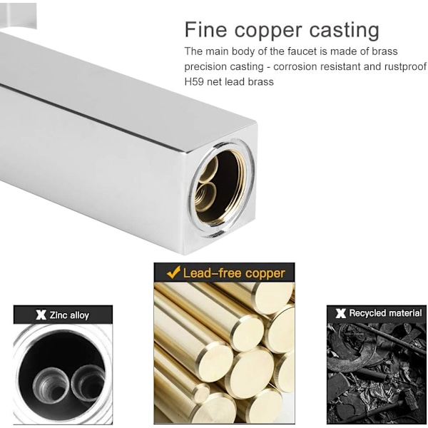 Badeværelses Armatur, Høj Vandfald Basin Blandingsbatteri, Moderne Stil Fladt Rektangulært Design Basin Armatur, Vandbesparende Keramisk Ventil, Krom Messing(Hig
