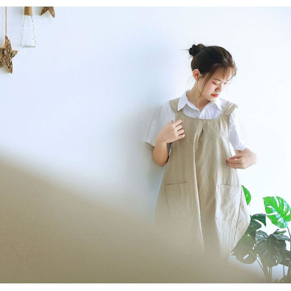 Mjuk bomullslinneförkläde Halterneck Korsbandage Förkläden Japansk stil X-form Dubbla fickor Kök Matlagning Kläder Present till kvinnor Kock Inflyttningspresent