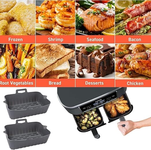 Silikon luftfritøseforing (2 x grå) til rektangulære luftfritøser, luftfritøsetilbehør, silikonforing til luftfritøsetilbehør og luftfritøselin