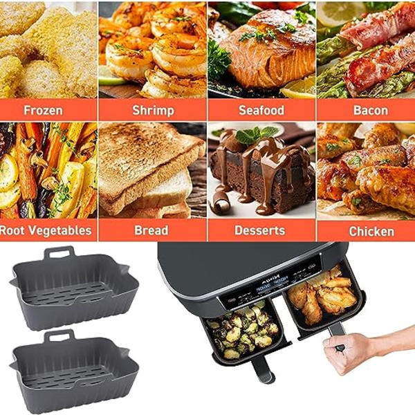 Silikonfoder för airfryer (2 x grå) för rektangulära airfryers, airfryer-tillbehör, silikonfoder för airfryer-tillbehör och airfryer-foder