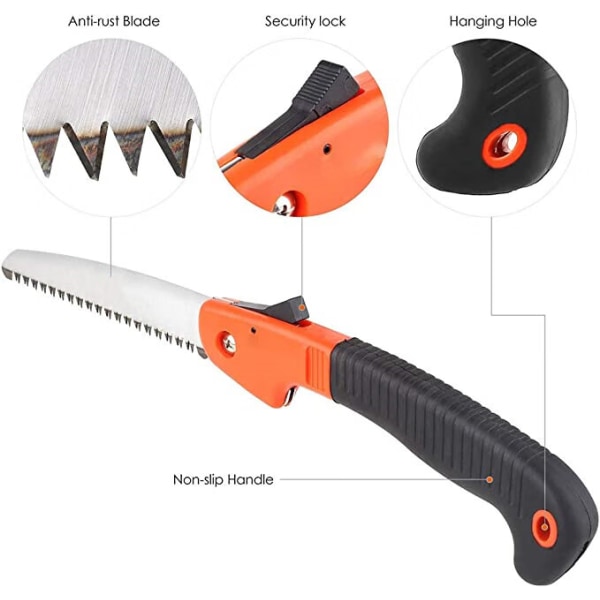 (Oransje/Svart) 180mm Sammenleggbar Beskjæringssag, Håndsag med Sikker Lås og Mykt Håndtak for Kutting eller Beskjæring av Trær Hage, Camping, Tømmerarbeid