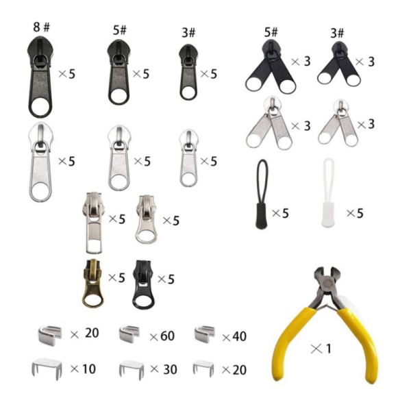 90 stk glidelås reparasjonssett, glidelås erstatning glidelås installatør klemmeverktøy vesker, jakker, telt