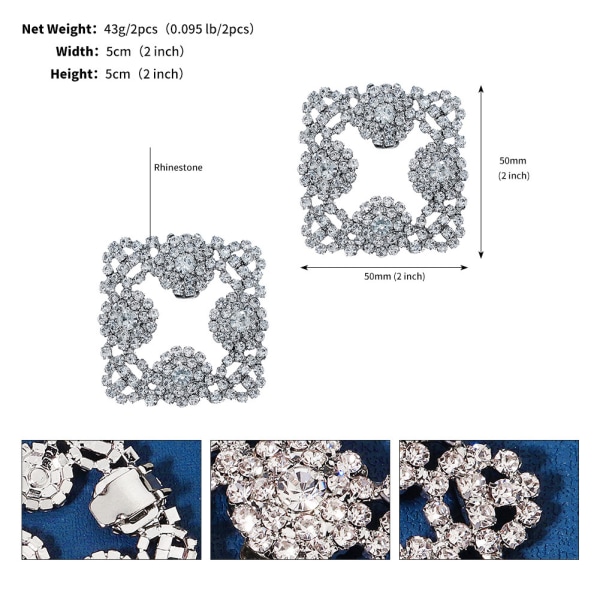 2 Elegant Rhinestone Sølv Krystal Metal Sko Clips 5,5 cm, Weddi