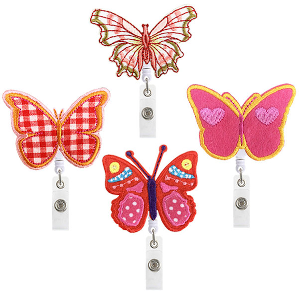 4 stk fargerik sommerfugl broderi filt, uttrekkbar klips, badge retractor med uttrekkbar klips, studentgave, uttrekkbar ID-kortholder, badge