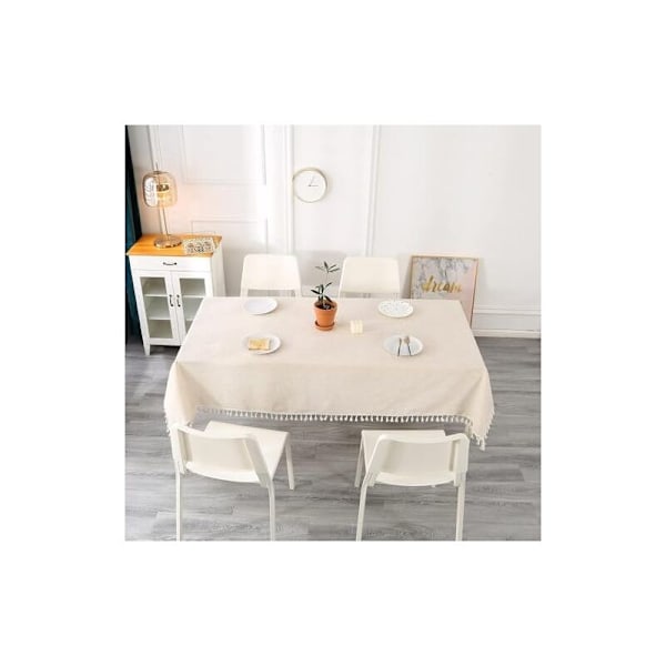 (1400 × 2200 × 5) Beige rektangulær duk, flekkbestandig, med dusker, vaskbar i bomull og lin med eikenøtter, bordlin for bursdag, bryllup, kaffe