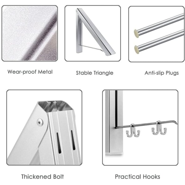 2-stang teleskopisk klesstativ - veggmontert sammenleggbart klesstativ, klesstativ for tørking av klær som brukes til oppbevaringsorganisasjoner, for eksempel bad, balkonger
