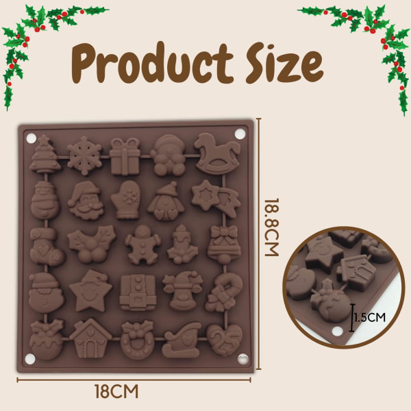 Christmas Chocolate Mould,1 Pack 25-Cavity Xmas Silicone Mold Candy Mould Non-Stick Cake Baking Tool with Christmas Themed Shapes for Chocolate Cake