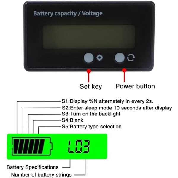 CC batteriräknare, batterivoltmeter, blybatteriindikator, DC 12V 24V 36V 48V (grön) skärm (Grönt ljus)