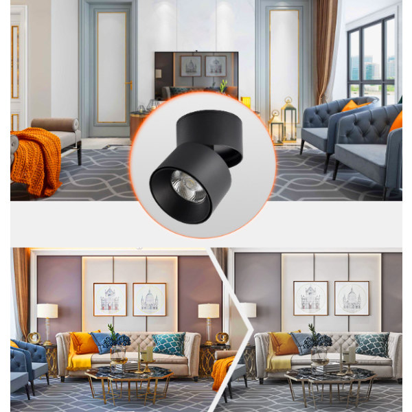 Hvit justerbar overflate montert spotlight 7W LED Downlights taklampe justerbar vinkel taklampe COB lampe, 360° roterbar (varm hvit 3000