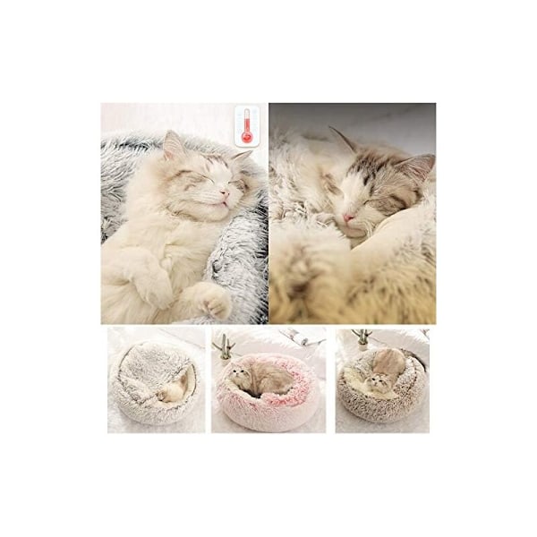 Rund Fluffy Katteseng - Myk Plysj - med Hette - for Innendørs og Vinter - Sklisikker Sovepute - Maskinvaskbar - 50 cm