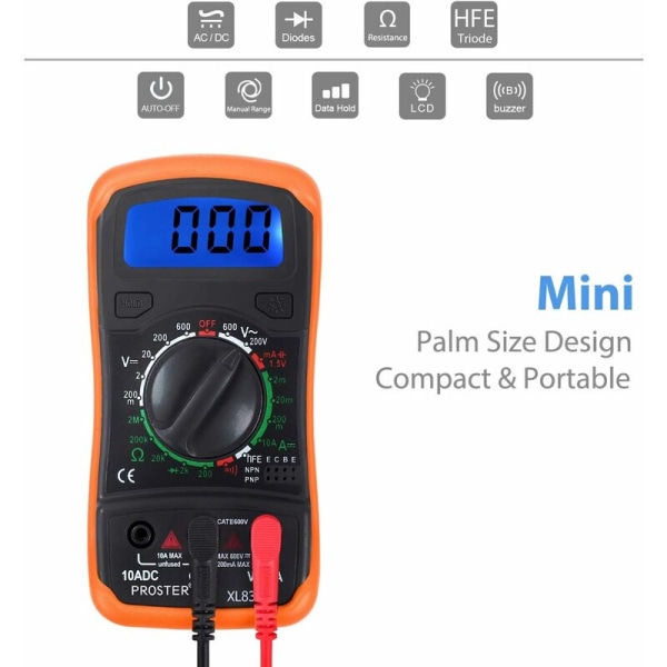 Digitalt multimeter Mini manuelt område Batteritester Måler DMM Måler for DIY AC DC Spenningstest DC Strøm Motstand Amperemeter Voltmeter Ohmmeter med