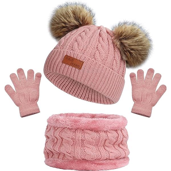 Barn Vinter Varma Mössa Halsduk Vantar Set Rosa Termisk Stickad Virkad Tjock Fluffig Småbarn Halsduk Dubbel Pom Pom Bobble Mössa med Konstgjord Päls för Flickor