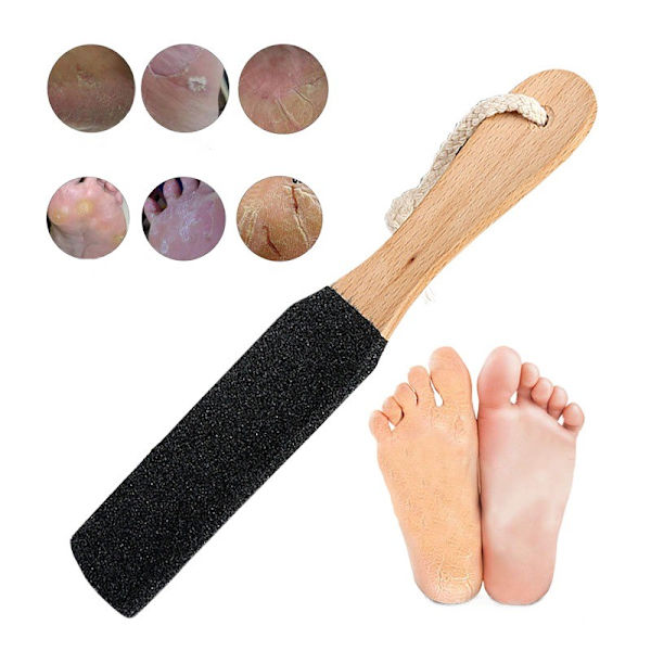 Fotskrubb i trä med dubbla sidor för att ta bort död hud, förhårdnader och nagelband, fotfil, verktyg för pedikyr av nagelband på hälen (2 stycken)