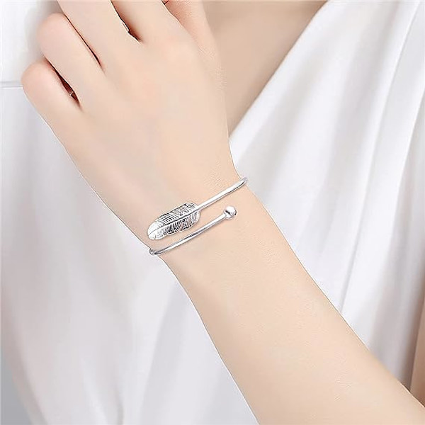 Dam Armband 925 Sterling Silver Justerbar Öppning Blad Fjäder Armband