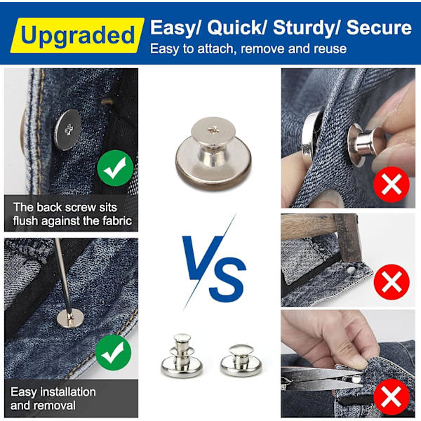 8-pakkaus säädettäviä korvaavia farkkujen nappeja - 10 mm irrotettavat housunapit, irrotettavat metalliset farkkunapit, denim-nepparinapit, skinny-farkkujen takapuoli