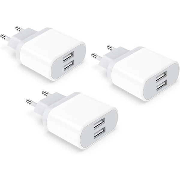 USB-stikkontakt, 3-pak 2.1A/5V oplader til iPhone 11 Pro Max XS XR X 8 7 6 6S Plus 14 13 12 SE 5 5S 5C, Samsung Galaxy, Huawei, 2 strømport telefonadapter