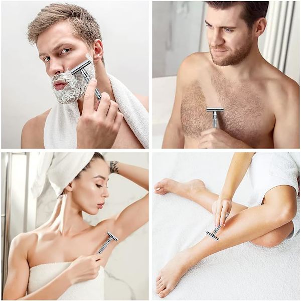 Sikkerhedsbarbermaskine til mænd, dobbeltkantet sikkerhedsbarbermaskine, rustfrit stål sikkerhed langt håndtag manuel barbering til ansigt og krop
