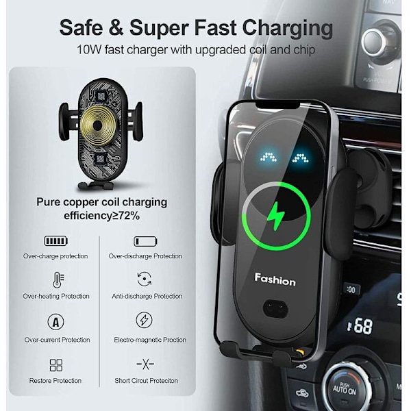 Bilinduksjonslader med Smart Ladesensor 10W Automatisk Klemming for iPhone Samsung etc Smartphones (Svart)，BISBISOUS