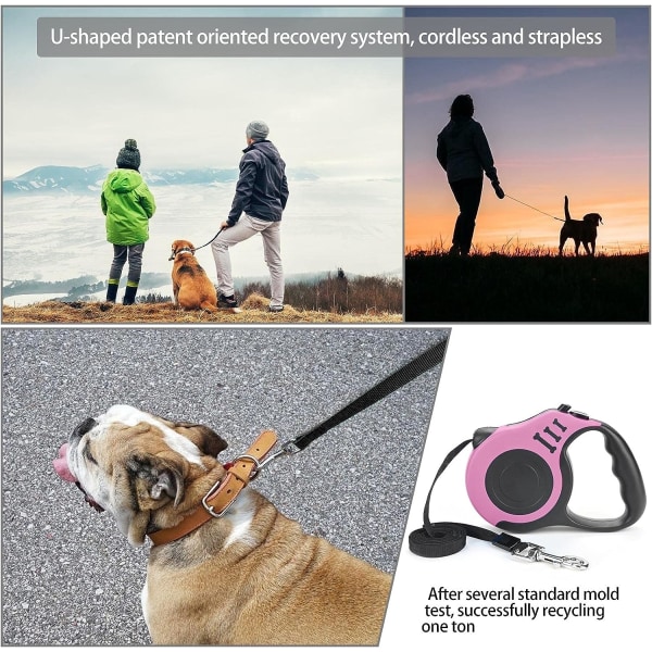 Utvidbar hundekobbel med sklisikkert håndtak og justerbar stropp, 5 m nylonbånd, enhåndsbrems, pausefunksjon (rosa)