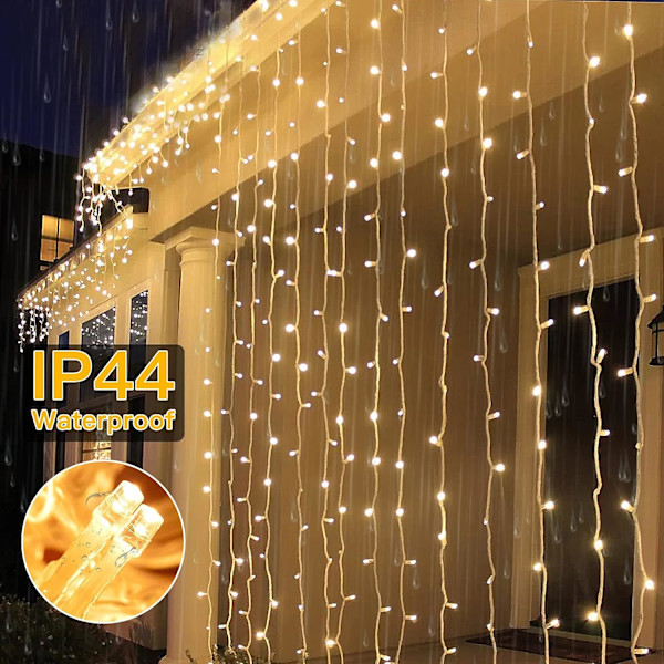 Indendørs julegardinlys - Varm hvid 300 LED 3m x 3m USB-drevne julelys 8 tilstande/timer/fjernbetjening til udendørs/soveværelse/par