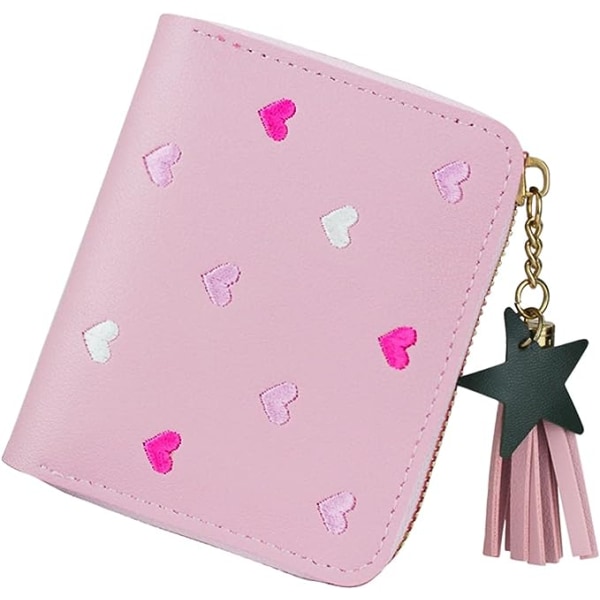 Embroidered Heart Cute Women's Wallet (Light Pink) with Star Charm PU Leather Wallet with Card Slots and Compartments Women's Credit Card Holder Zipp