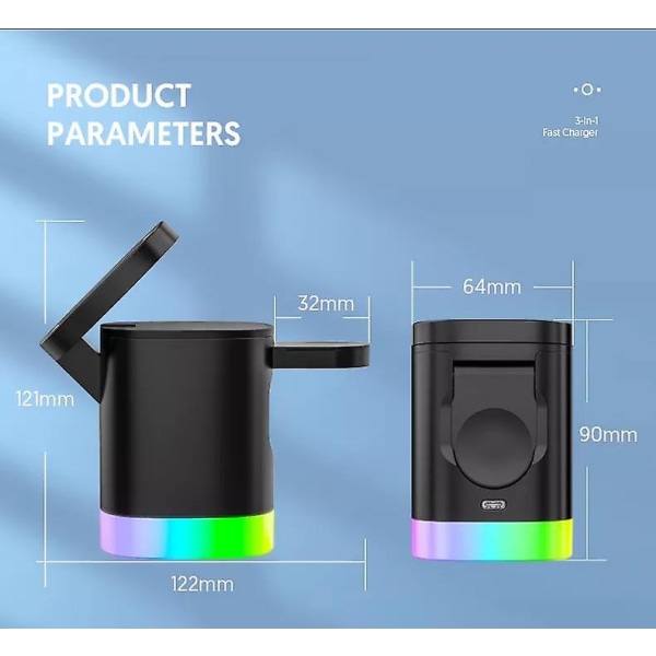 Foldbar Super Rask Magnetisk Dobbelthodet 3 i 1 Trådløs Telefonlader med Rgb Stemningslys