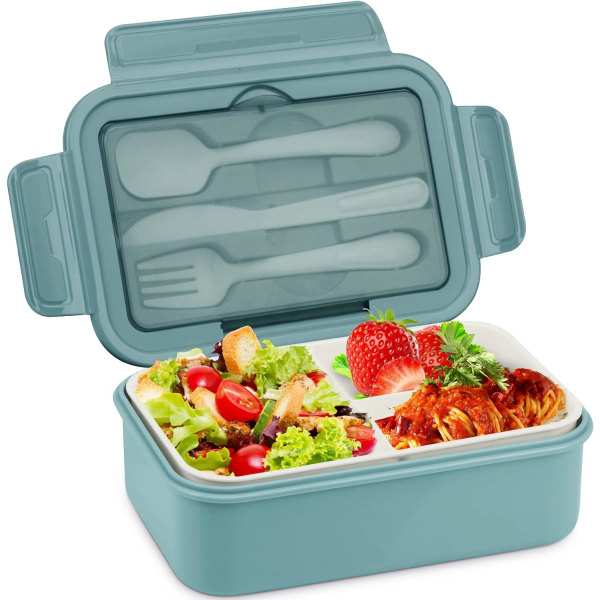 Bento Lunchbox med fack, 1400 ML läckagesäker Lunchbox för vuxna och barn, Plastmatbehållare med bestick för arbete och Sch