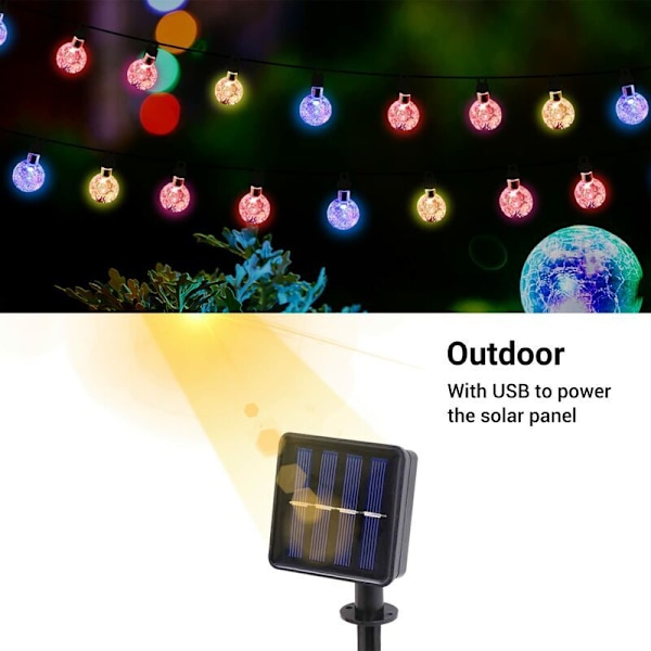 Solarslinga Utomhus med USB-kontakt, 50 LED 7m, 8 Lägen, Färgglada Solarslingor Utomhus IP65 Vattentät för Trädgård, Balkong, Träd, Bröllop