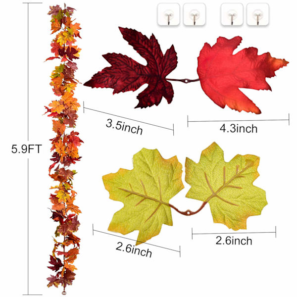 2-pack höstkrans lönnlöv, 1,6 m färger hängande vinranka konstgjord höstlövskrans Thanksgiving-dekoration för hem bröllop öppen spis Pa