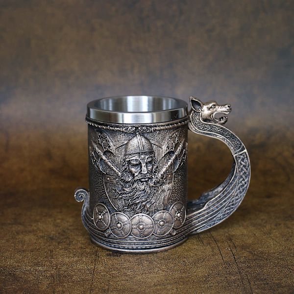 Nordisk vikingakrigsskepps ölmugg, rostfritt stål, nordisk dryckesmugg tankard, samlarobjekt