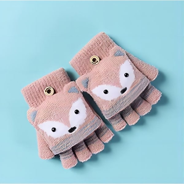 Baby Cartoon Fox Winter Gloves Halter Neck Knitted Warm Gloves with String Children's Outdoor Warm Gloves Christmas Gift Pink - Half Finger One Size