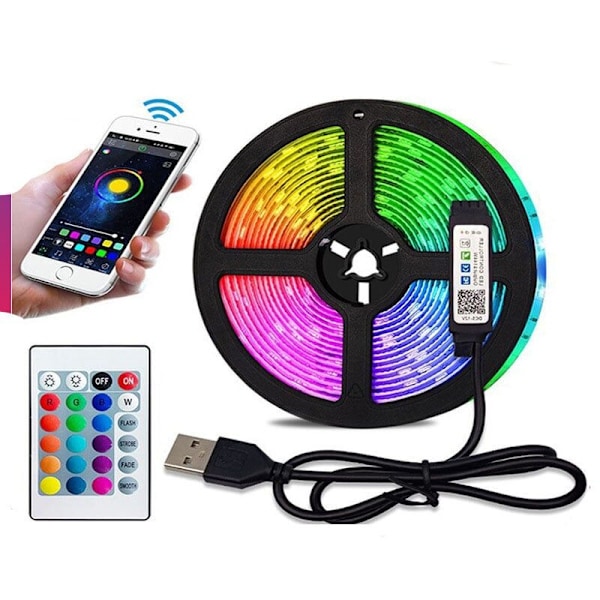 LED 5M RVB LED Lysstripe LED Band Kontrollert av Bluetooth App Fjernkontroll Flerfarget Lys Eventyr Dimmbar med Musikk er egnet for ho