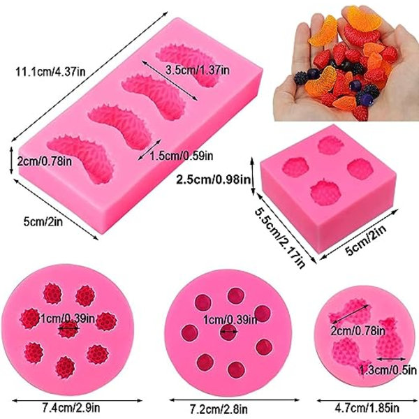 5 stk. frugt silikoneform fondant frugtformet geléforme, 3D mini ananas jordbær appelsin blåbær brombær silikone frugtform til cupcake