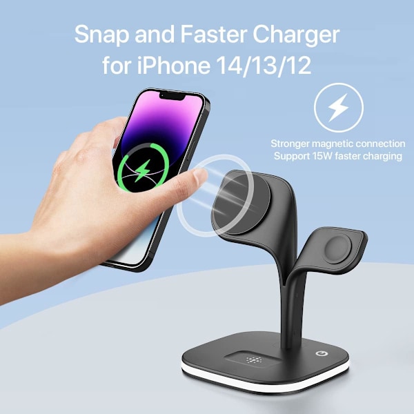 Magnetisk ladestasjon, trådløs ladestativ for iPhone 14, 13, 12 Pro/Max/Mini/Plus, Apple Watch 8/7/6/SE/5/4/3/2 (svart)