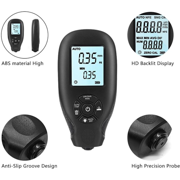 Paksuusmittari, taustavalaistu paksuusmittari LCD-näyttö, 0-2000um mittaus auton maalipinnoite, autojen maalin lukeman mittaamiseen