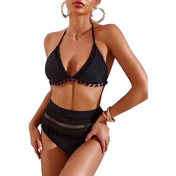 Hög midja två delar bikini set halter remmar tofs S