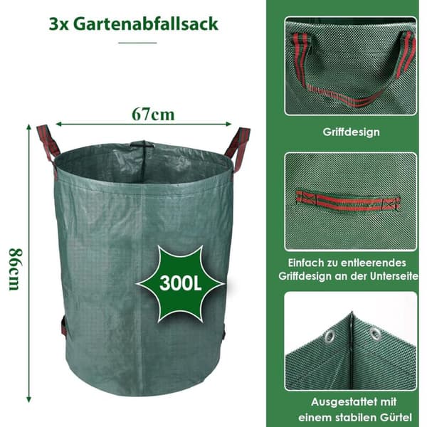 Sæt med 3 300L haveposer, foldbare og genanvendelige, stabile, UV-resistente, græs- og bladpose, haveaffald