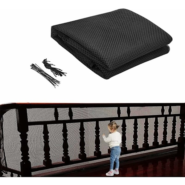300x79cm Børnesikkerhedsnet til trapper - sort, beskyttelsesnet til altaner, anti-fald net til katte
