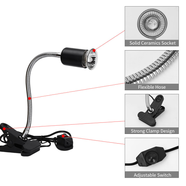 2 stk. 1*UVA UVB 50W pærer+1*lampehus, krybdyrlampe skildpadde opvarmet lampe med lang base 360° rotation til krybdyr og