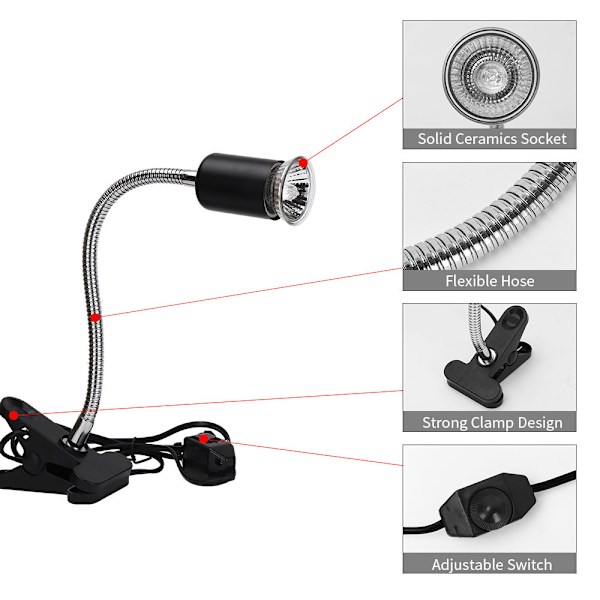 2 stk. 1*UVA UVB 75W pærer + 1*lampehus, krybdyrlampe skildpadde opvarmet lampe med lang base 360° rotation til krybdyr og