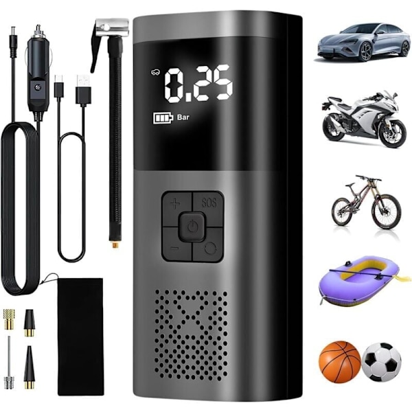 Bildækpumpe, 6000mAh Bærbar Luftkompressor Trådløs Dækpumpe 150PSI med Digital LCD-skærm, Elektrisk Cykelpumpe med LED-lys til Motor