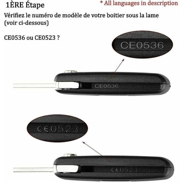 2-painikkeinen avainkuori, yhteensopiva CE0523 taittuvan avaimen kanssa Peugeot 207 307 308 407 408 3008 5008 Citroen C2 C3 C4 C5 C6 C8 -malleille (2 painiketta, CE0523)-