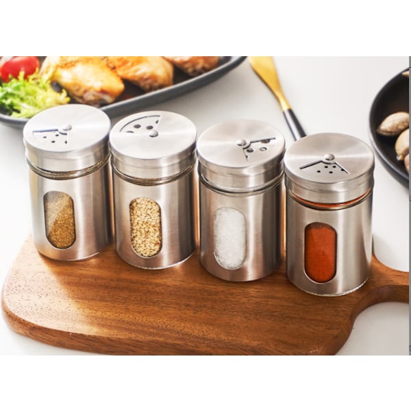 Sæt med 1 100 ml rustfrit stål krydderiglas - Med udsyn til glasset og 3 drysningstilstande