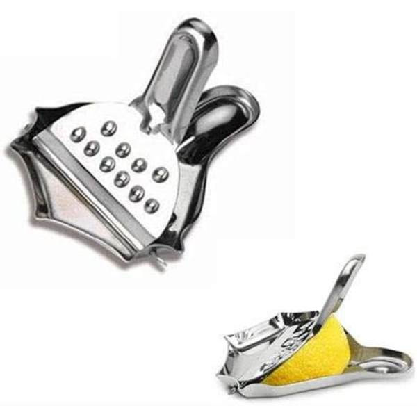 4-delt citron skærende juicer (sølv 8,3 cm) - Orange rustfrit stål manuel juicer med citron kiler i hånden